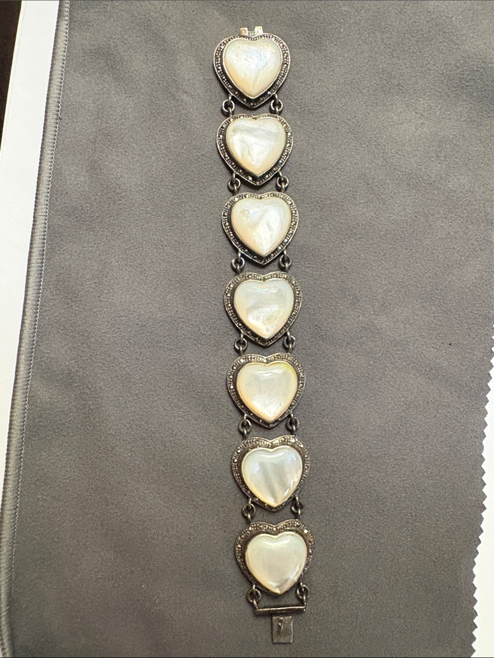 Large 925 Sterling Vintage Heart Mother-of-Pearl Marcasite Bracelet